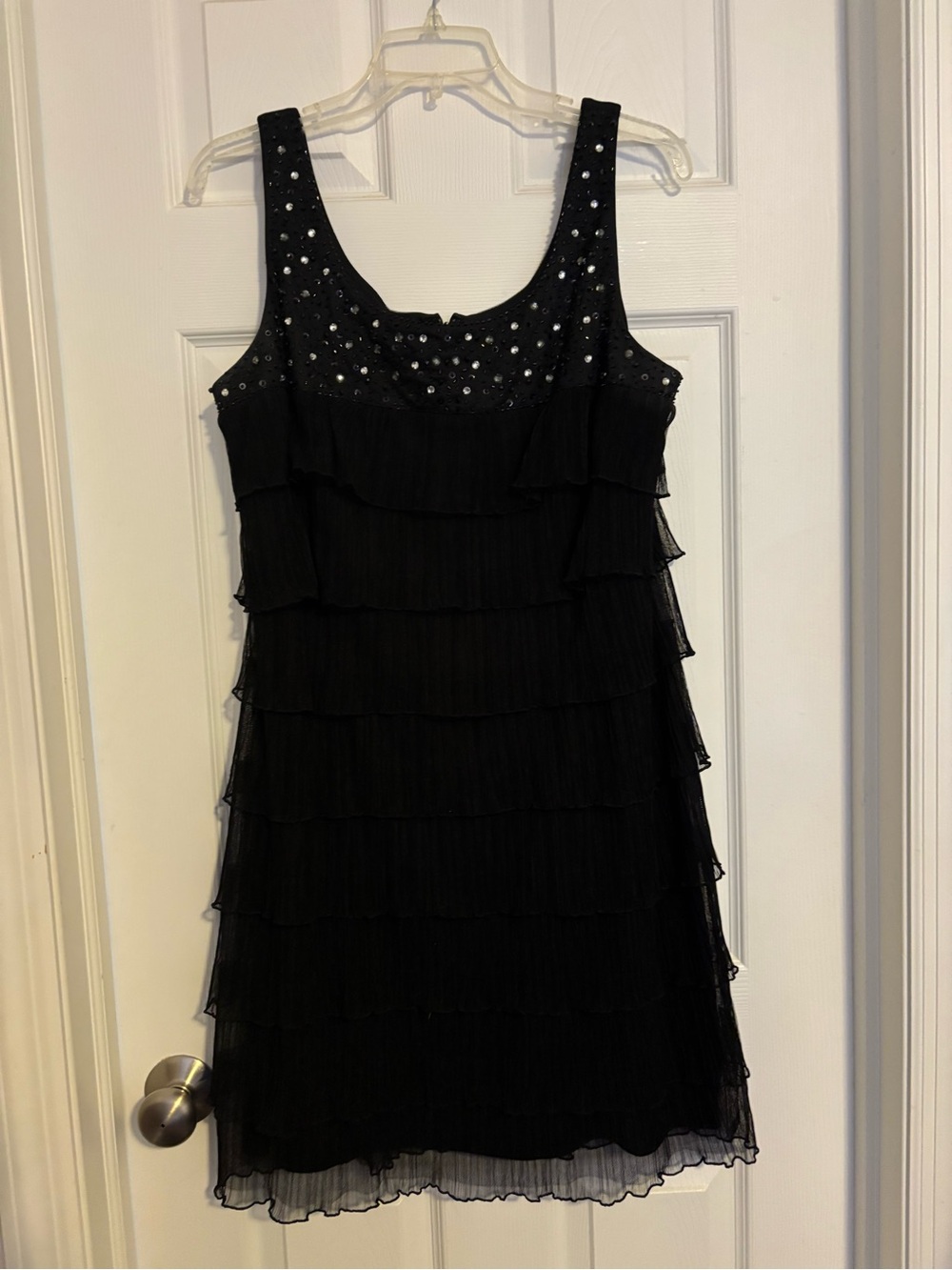 Jessica Howard Black Tiered Mini Dress with Beaded Scoop Neck